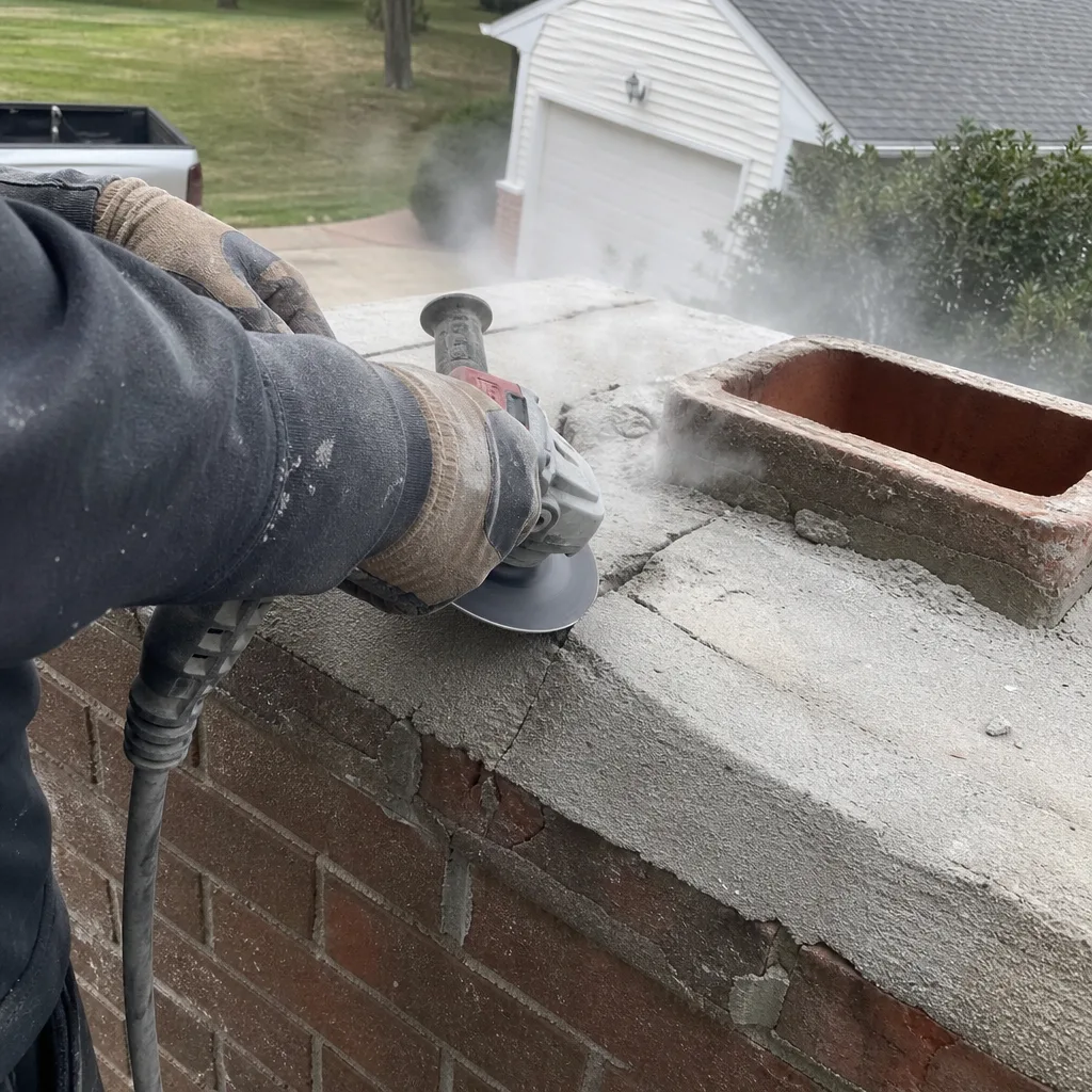 Professional contractor performing chimney crown repair with an angle grinder