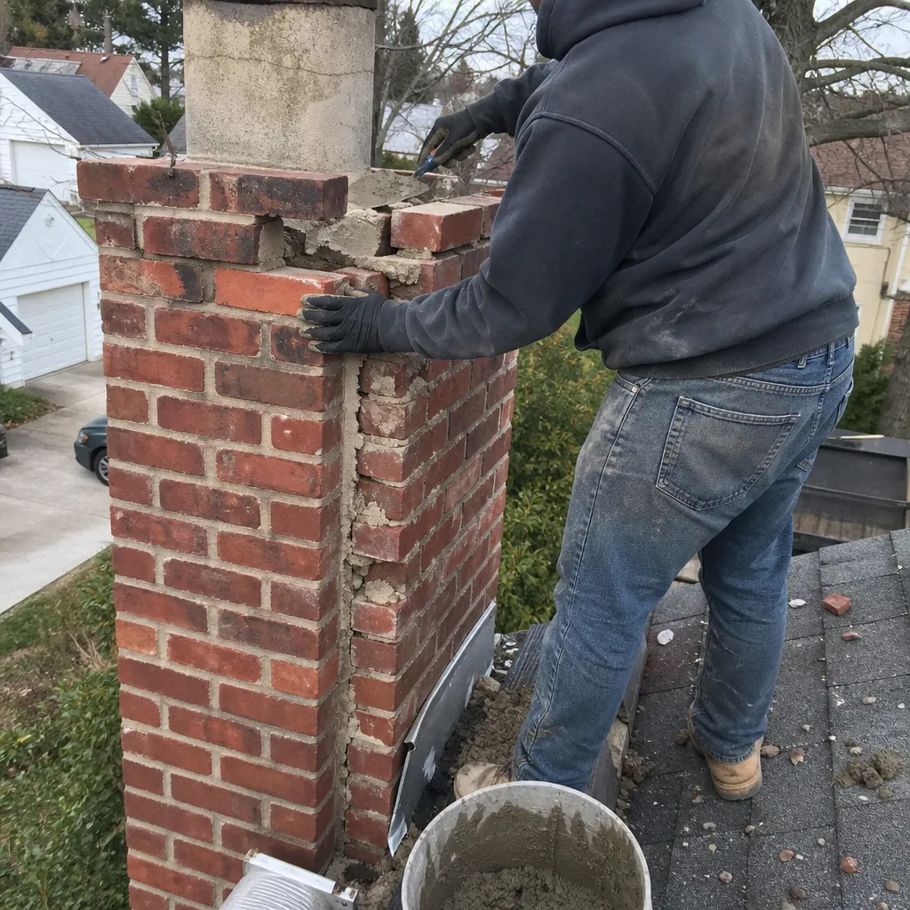 Professional bricklayer performing expert chimney repair and masonry restoration on residential roof